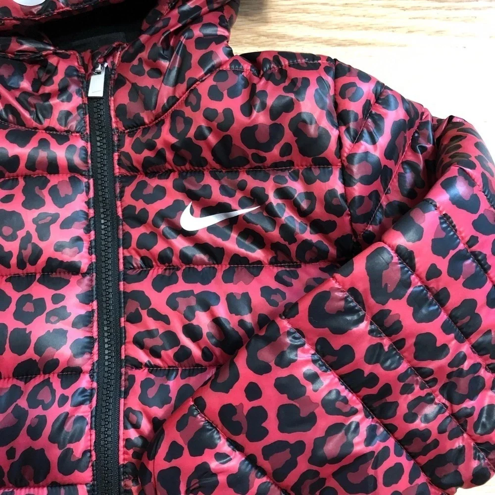 Nike Leopard Puffer Jacket NWT Sz 6 Pink Red Black Kids Girls Hooded Full Zip